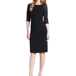 LAFAYETTE 148 NY Collette Leather Trim Lace Sleeve Sheath Dress